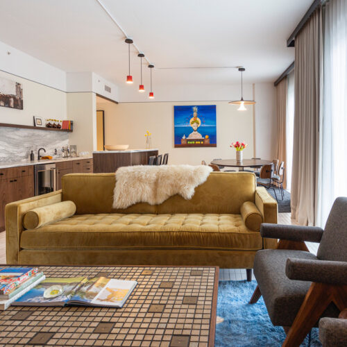 Seating and kitchen area in a suite at our hotel in Ybor City, Tampa