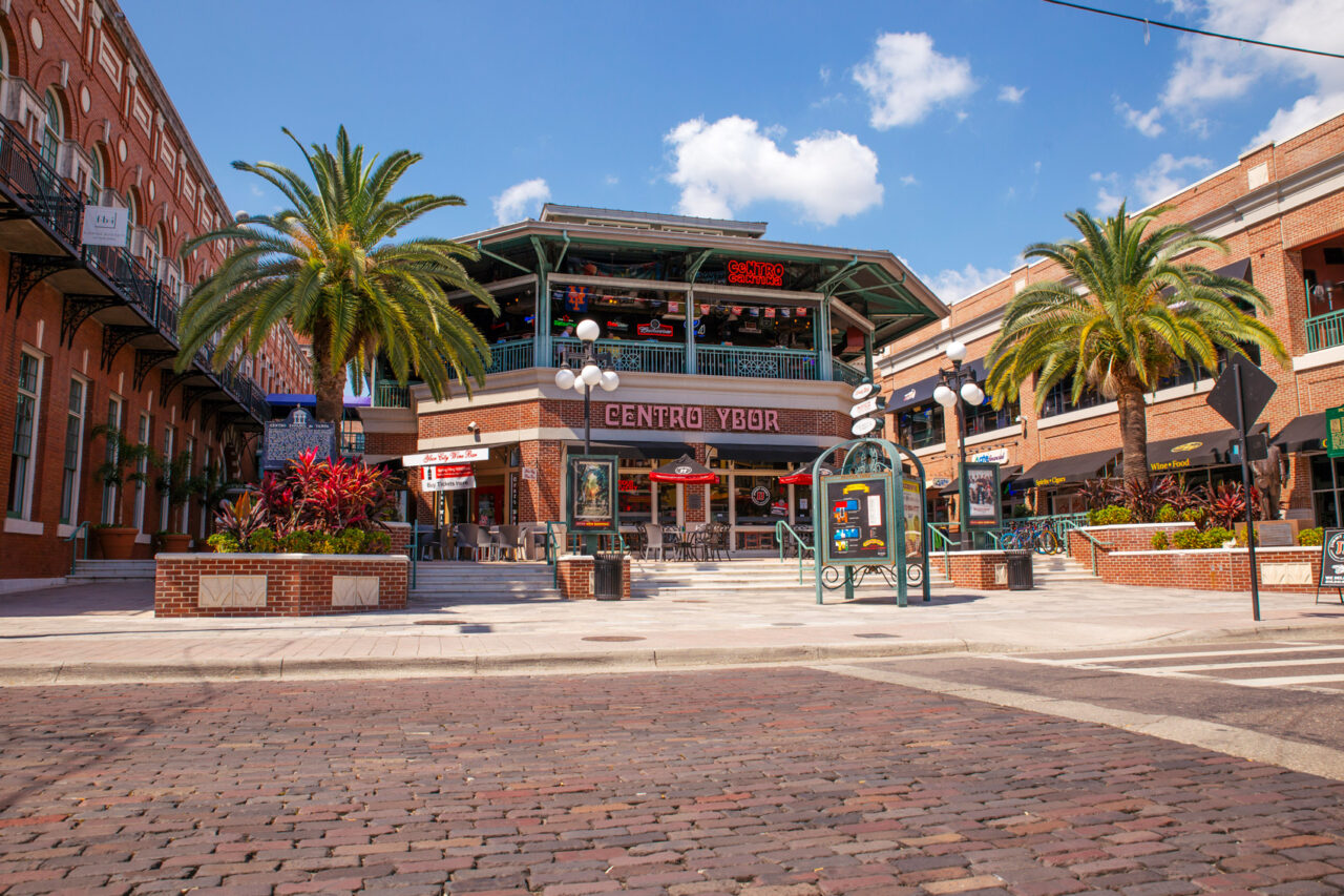 Brick plaza in front of Centro Ybor near our boutique hotel in Tampa, FL