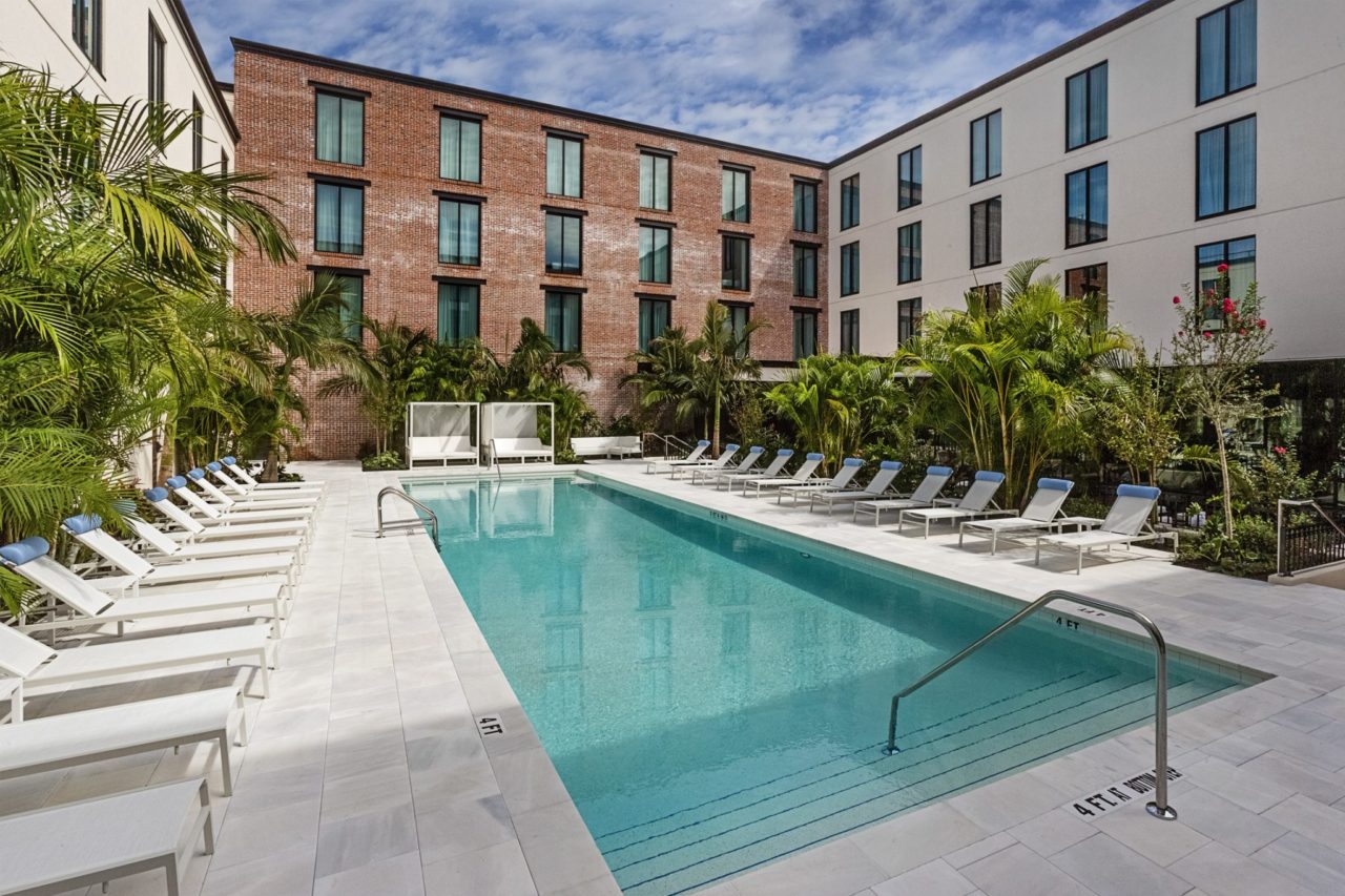 Pool area surrounded by buildings at our hotel near Ybor City in Tampa