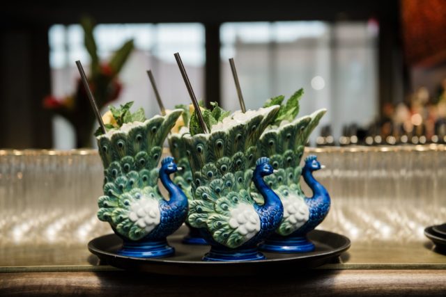 Tray of peacock-shaped cocktail glasses at our Ybor City, Tampa hotel