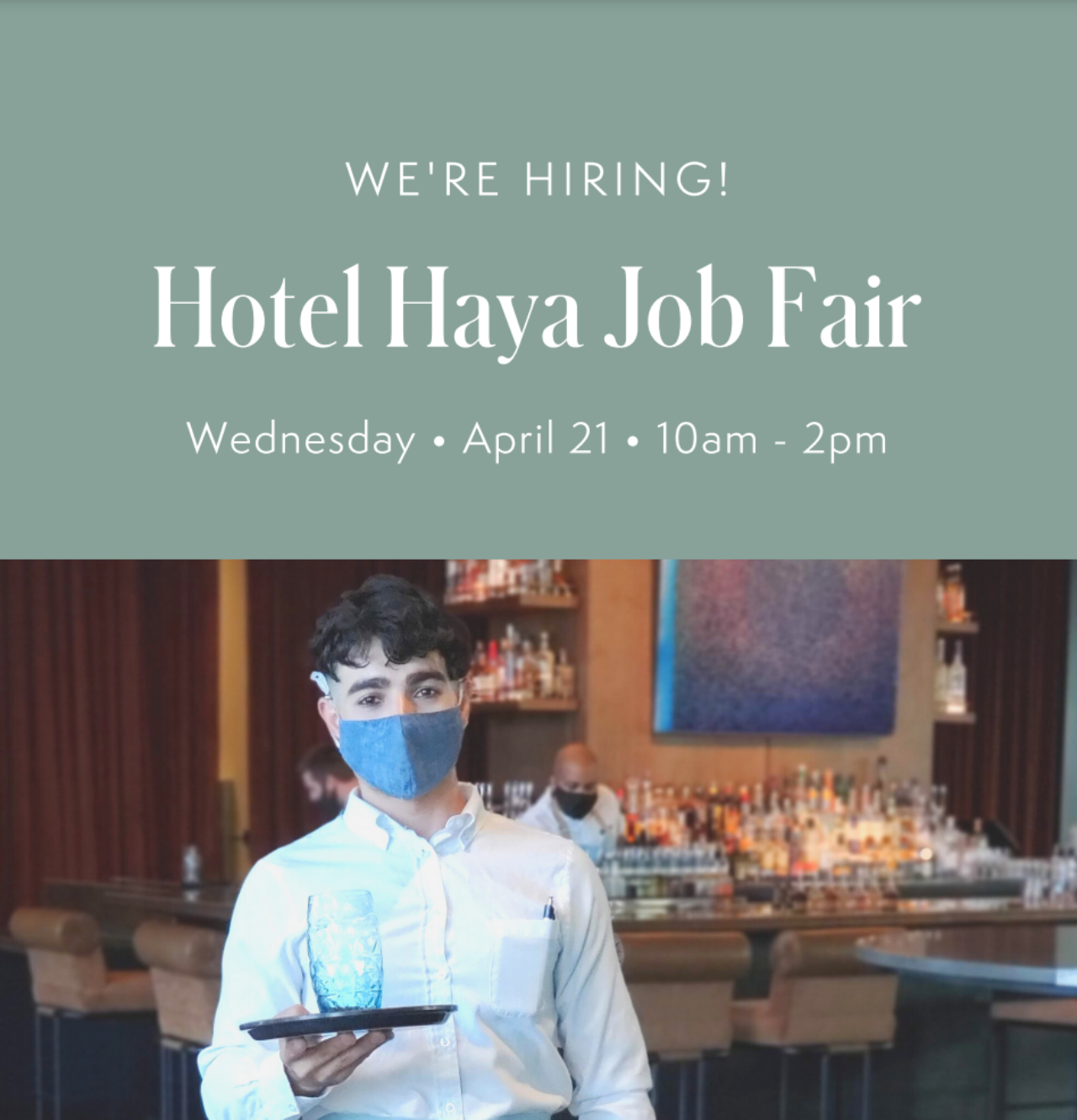 Hotel Haya Job Fair banner featuring waiter holding a glass with bar tender behind him.