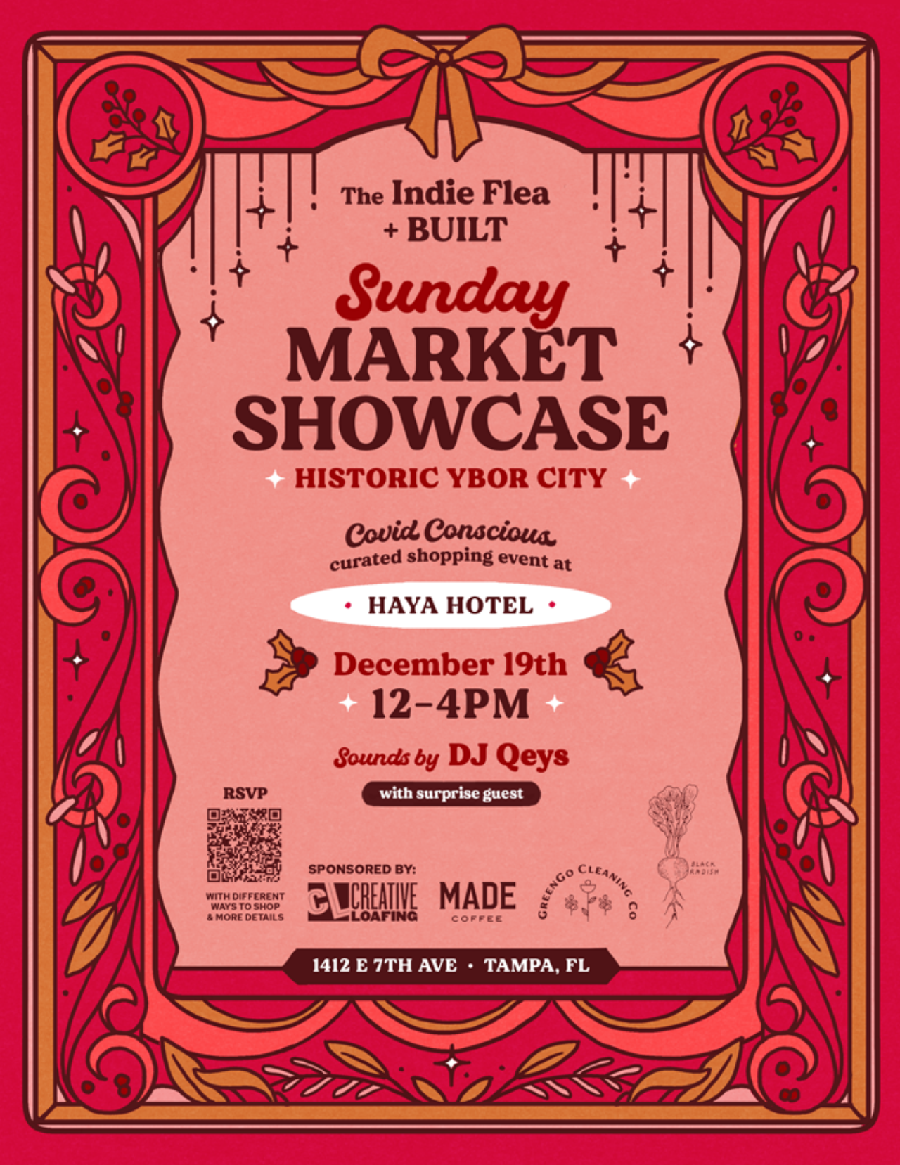 Sunday Market Showcase Flyer in Red in historic Ybor City near our hotel in Tampa, FL