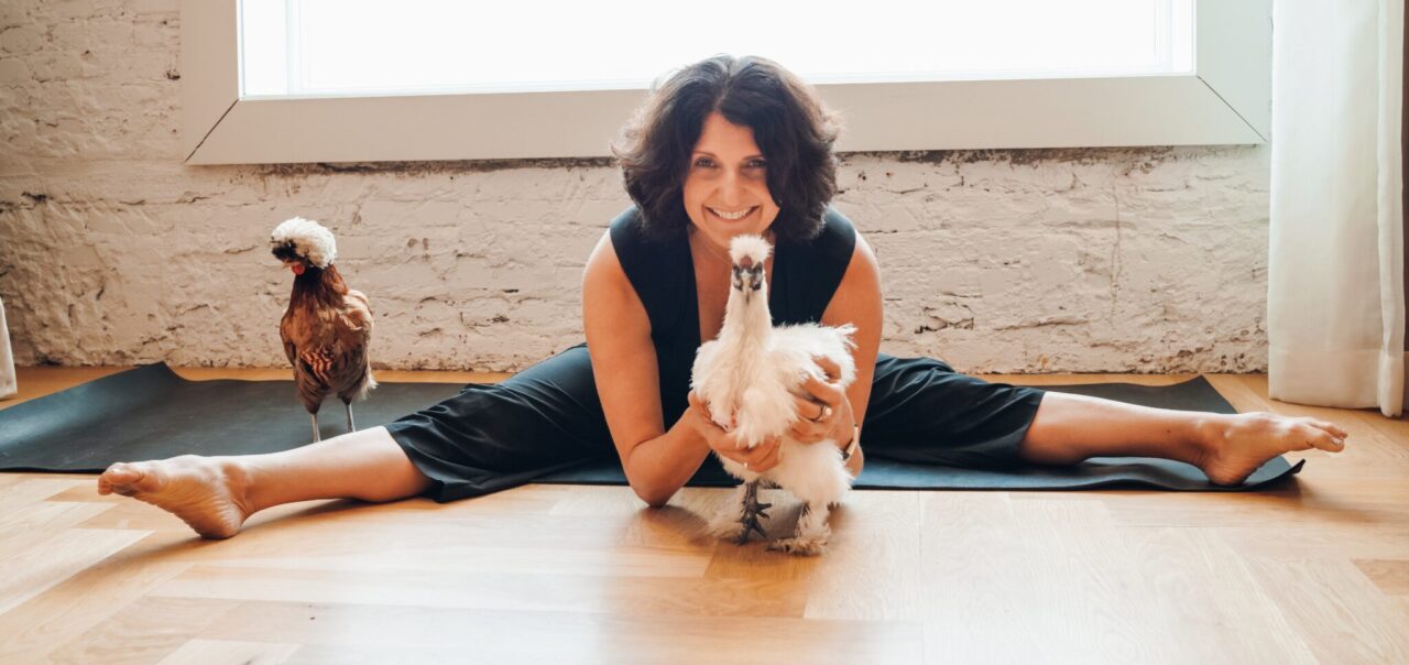Woman holding a chicken while in a split on a yoga mat at our Tampa boutique hotel